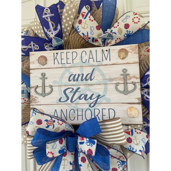 Nautical Wreath, “Keep Calm & Stay Anchored” Coastal Beach House Decor, Handmade - Picture 4 of 8